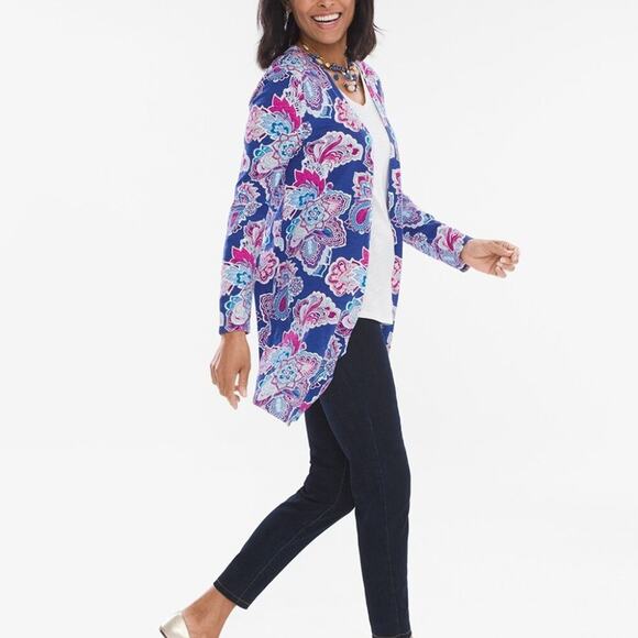 CHICO’S "The Ultimate Tee" Blue Paisley Floral Open Front Cardigan, S / 4 - Picture 4 of 10